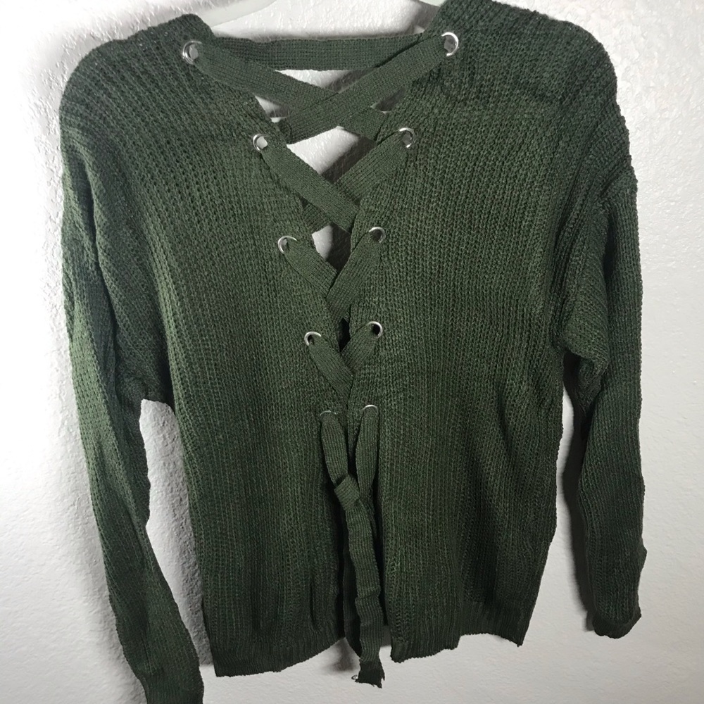 Green LightweightLace Up Back Sweater - Picture 2 of 6